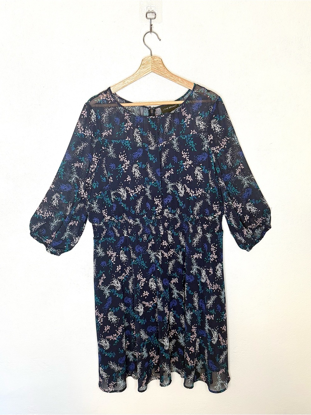 Lane Bryant Navy Blue Floral Chiffon Midi Dress Women's Plus Size 20P Smocked - Picture 3 of 16